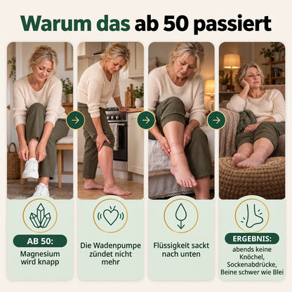 Warum das ab 50 passiert: Magnesium wird knapp, die Wadenpumpe springt nicht an, die Flüssigkeit sackt nach unten