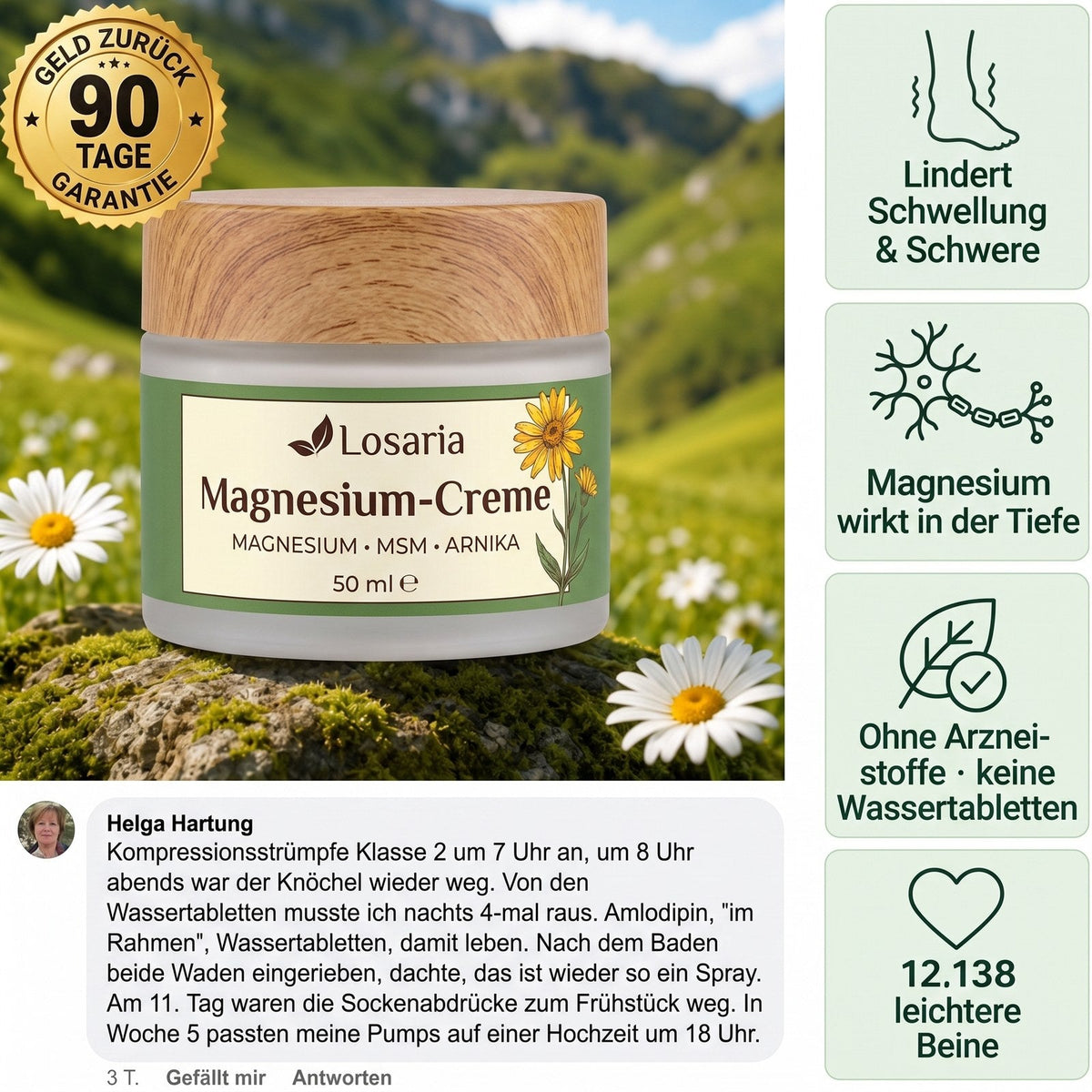 Losaria Magnesium-Creme bei geschwollenen Beinen – Tiegel auf einer Bergwiese mit Garantie-Siegel und Kundenkommentar