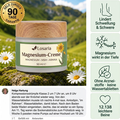 Losaria Magnesium-Creme bei geschwollenen Beinen – Tiegel auf einer Bergwiese mit Garantie-Siegel und Kundenkommentar