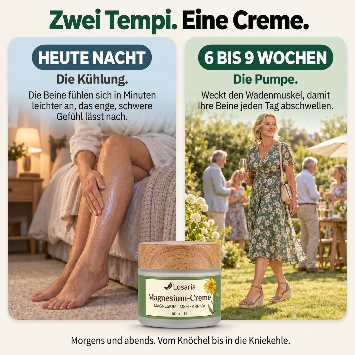 Zwei Geschwindigkeiten, eine Creme: heute Abend die Kühle, in 6 bis 9 Wochen die Pumpe