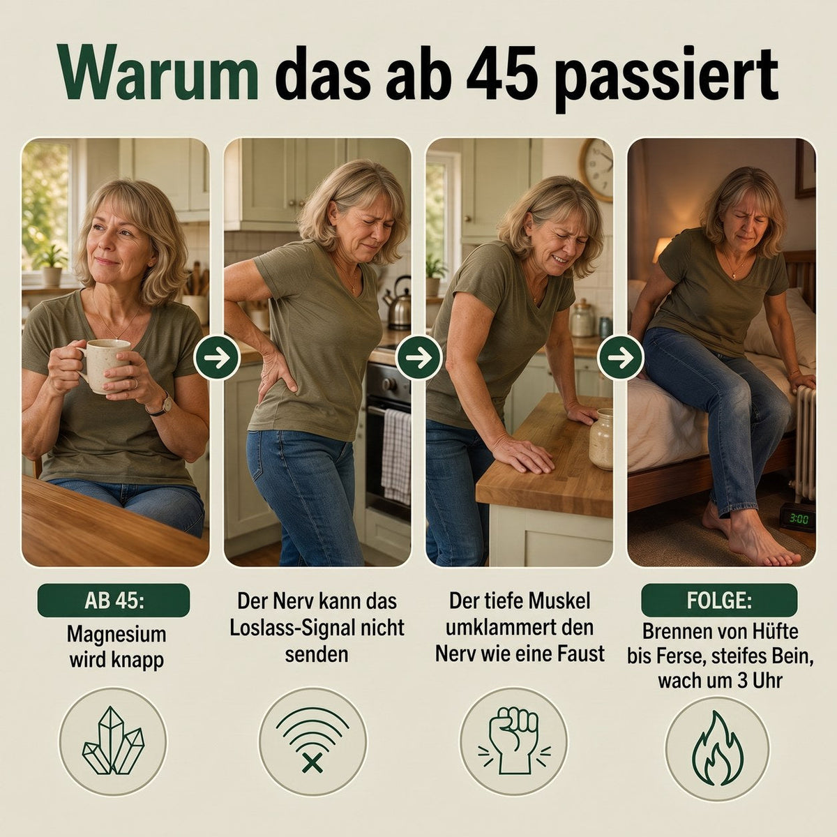 Warum das ab 45 passiert: Magnesium wird knapp, der Nerv kann das Loslass-Signal nicht senden, der Muskel packt zu