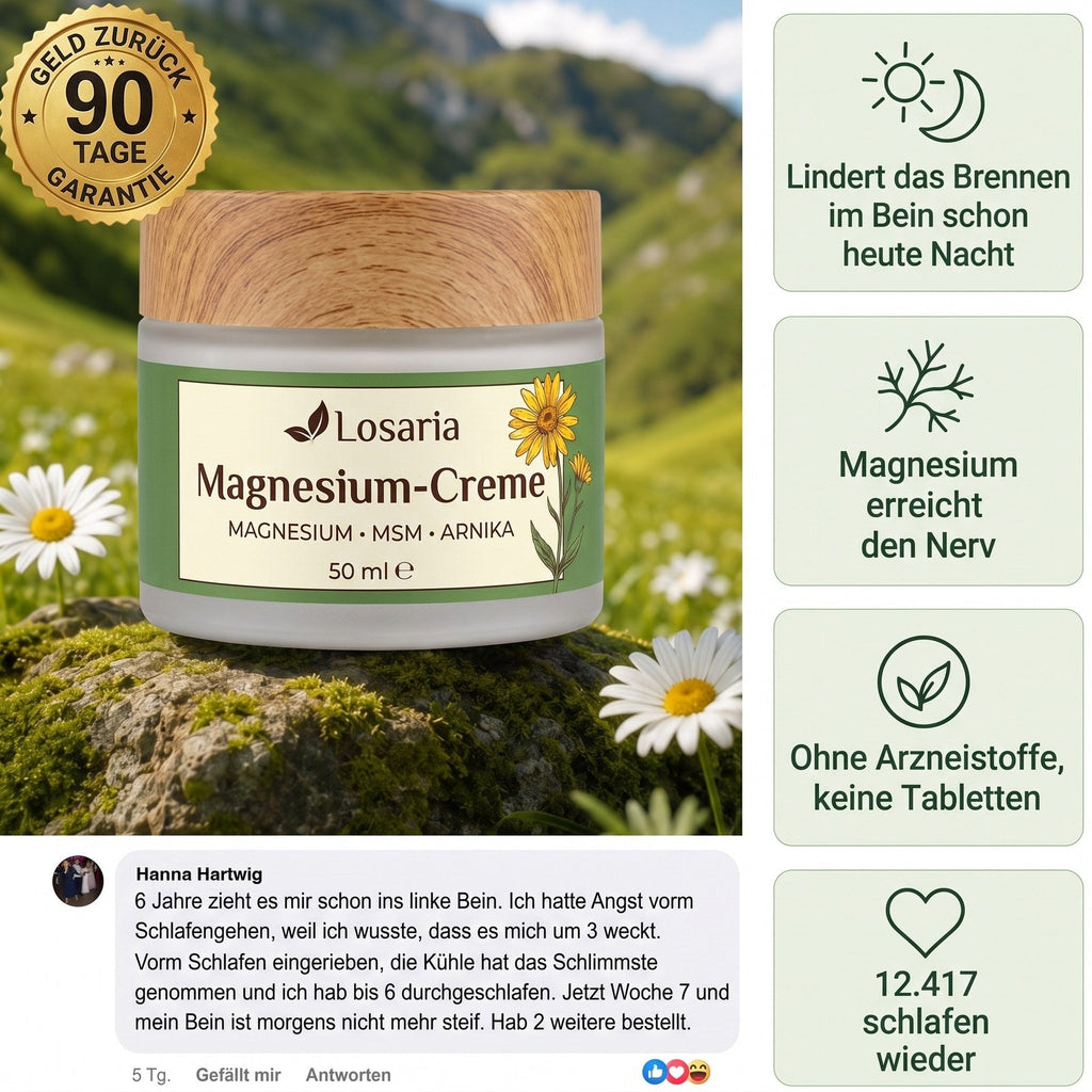 Losaria Magnesium-Creme – Tiegel auf einer Bergwiese mit Garantie-Siegel und Kundenkommentar