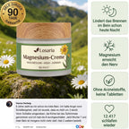 Losaria Magnesium-Creme – Tiegel auf einer Bergwiese mit Garantie-Siegel und Kundenkommentar