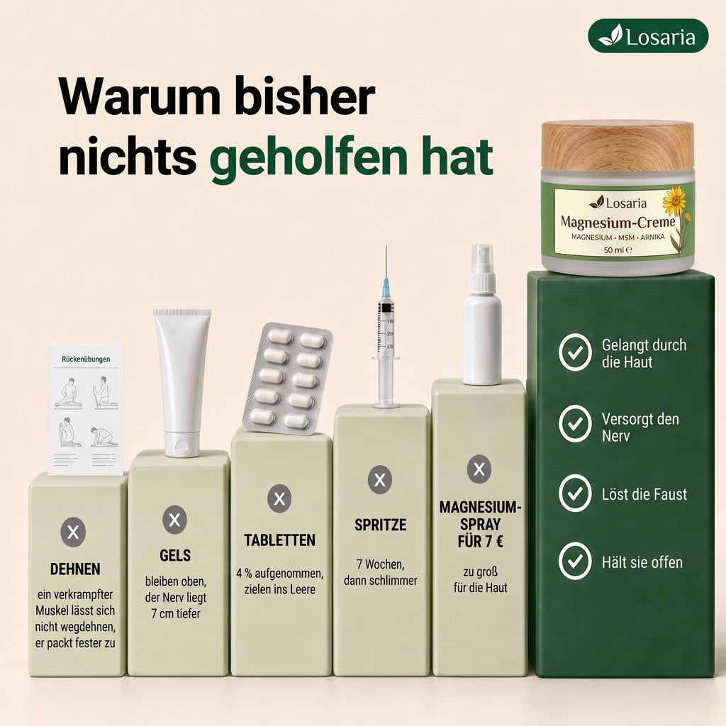 Warum bisher nichts geholfen hat – Dehnübungen, Gels, Tabletten, Spritze und Magnesiumspray im Vergleich zur Creme