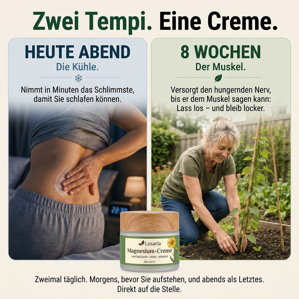 Zwei Geschwindigkeiten, eine Creme: heute Abend die Kühle, in 8 Wochen der Muskel