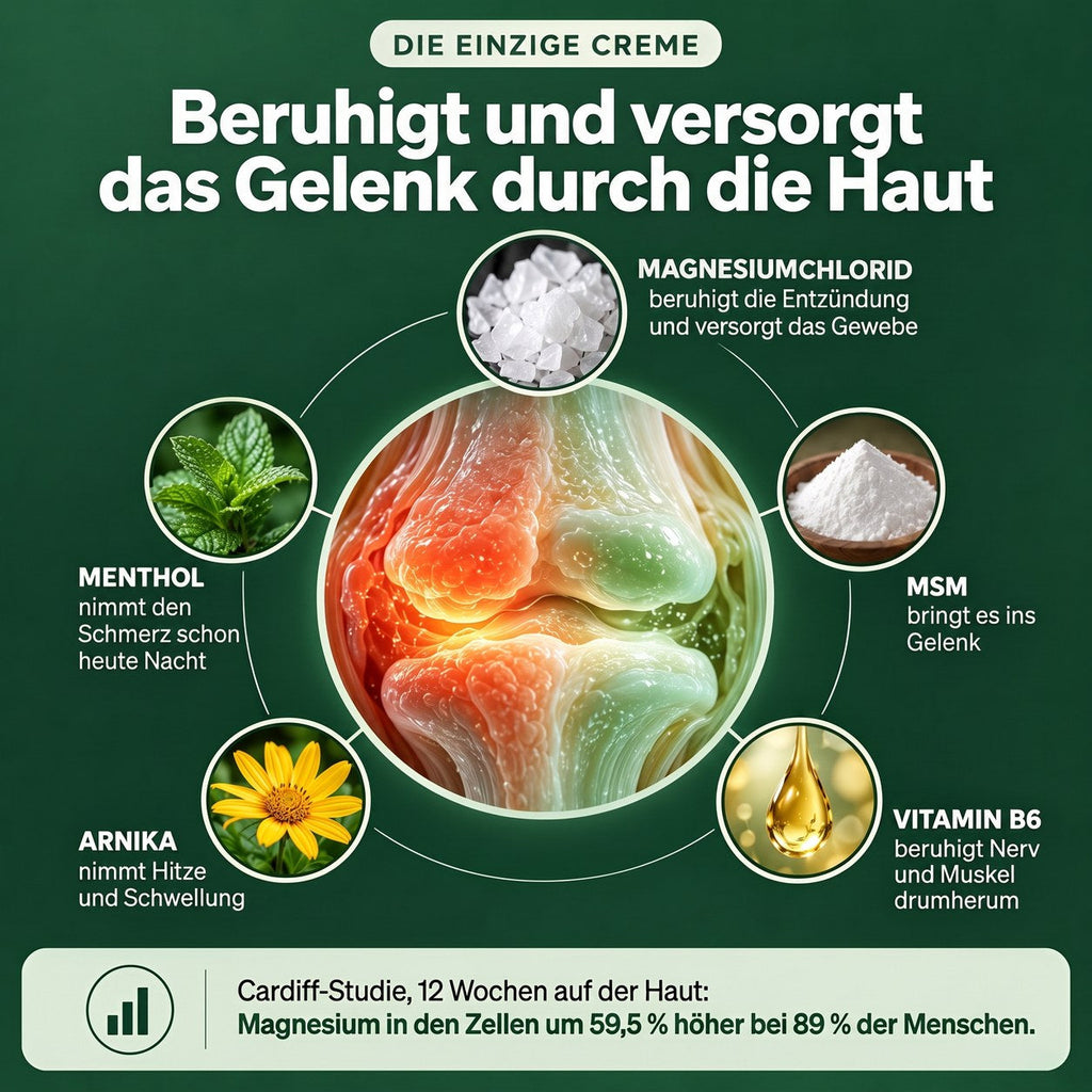 Die einzige Creme, die das Gelenk durch die Haut beruhigt und versorgt – die fünf Wirkstoffe