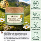 Losaria Magnesium-Creme – Tiegel auf einer Bergwiese mit Garantie-Siegel und Kundenkommentar