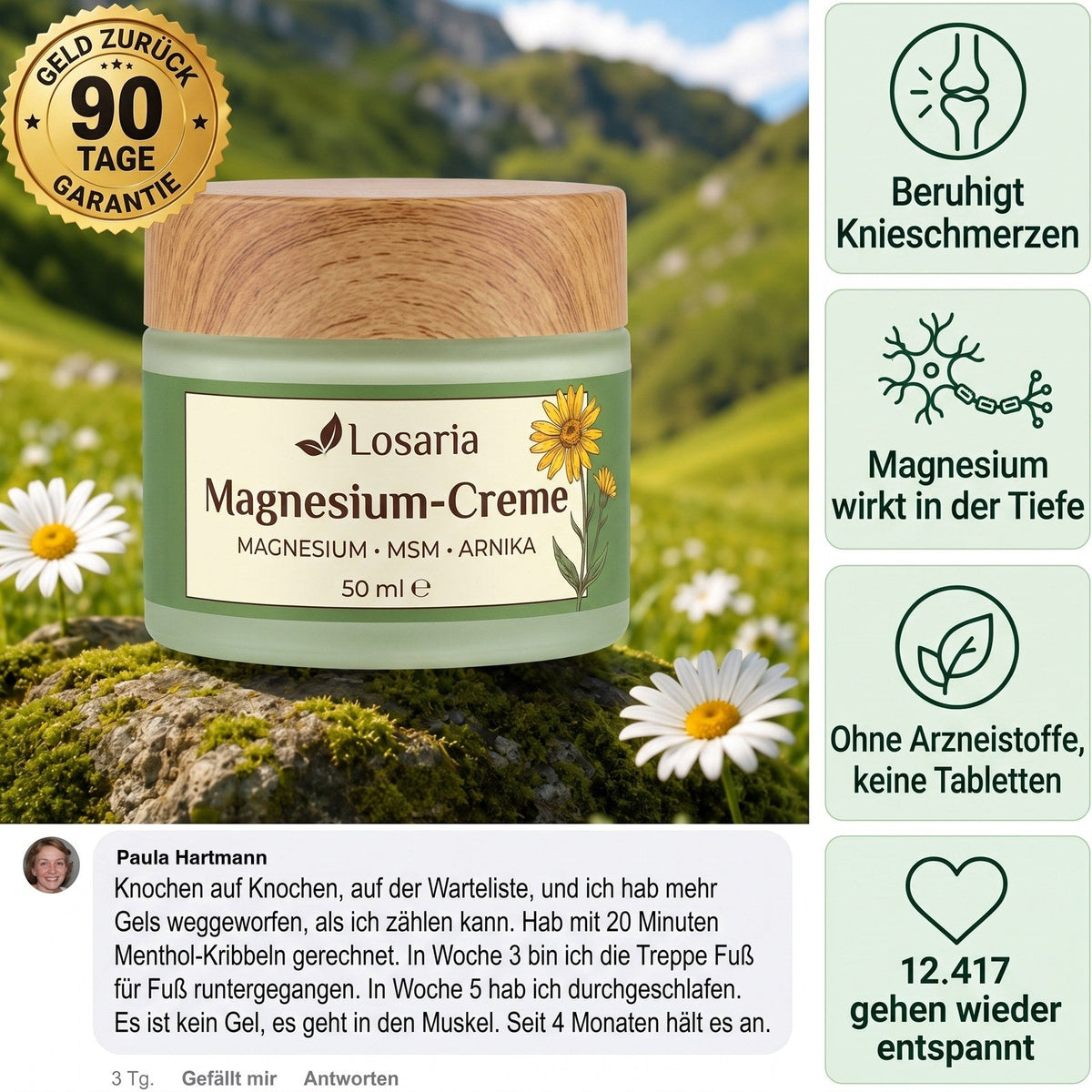 Losaria Magnesium-Creme – Tiegel auf einer Bergwiese mit Garantie-Siegel und Kundenkommentar