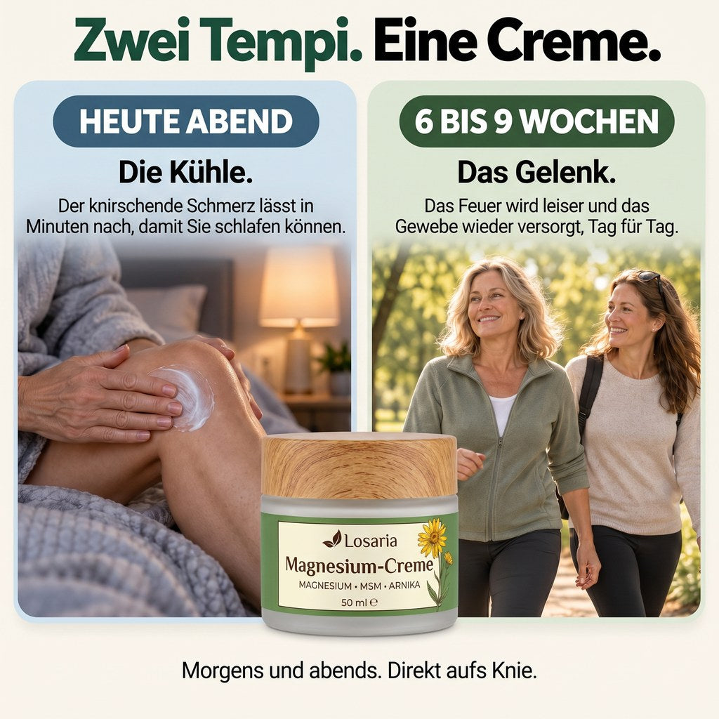 Zwei Geschwindigkeiten, eine Creme: heute Abend die Kühle, in 6 bis 9 Wochen das Gelenk