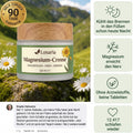 Losaria Magnesium-Creme bei brennenden Füßen – Tiegel auf einer Bergwiese mit Garantie-Siegel und Kundenkommentar