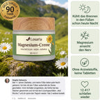 Losaria Magnesium-Creme bei brennenden Füßen – Tiegel auf einer Bergwiese mit Garantie-Siegel und Kundenkommentar