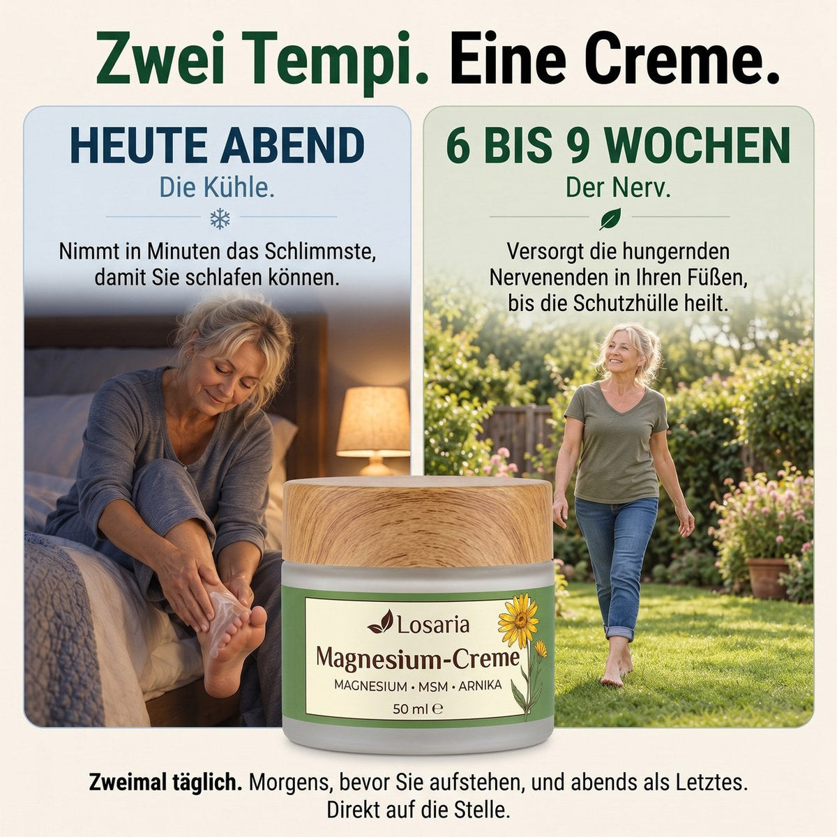 Zwei Geschwindigkeiten, eine Creme: heute Abend die Kühle, in 6 bis 9 Wochen der Nerv