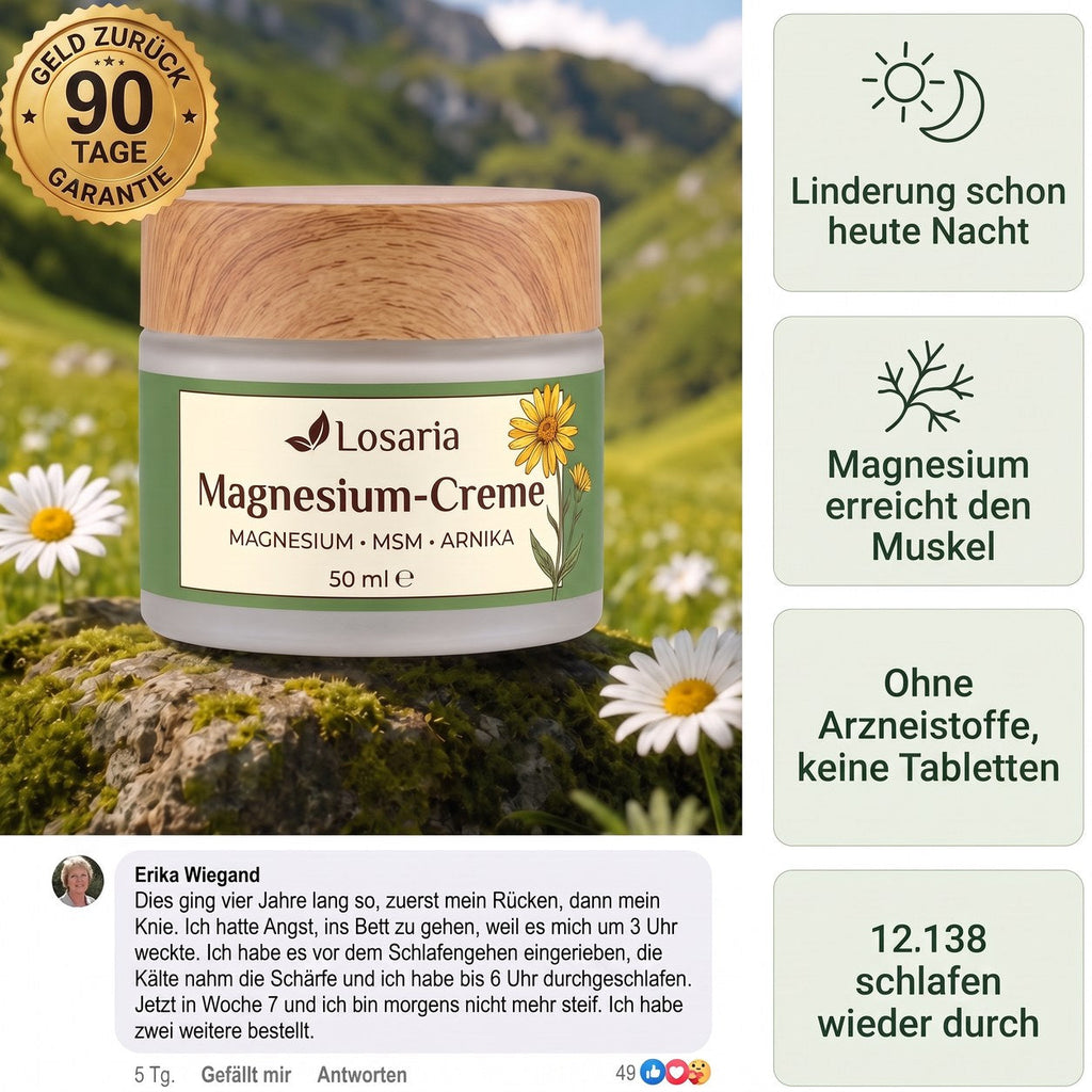 Losaria Magnesium-Creme – Tiegel auf einer Bergwiese mit Garantie-Siegel und Kundenkommentar