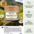Losaria Magnesium-Creme – Tiegel auf einer Bergwiese mit Garantie-Siegel und Kundenkommentar