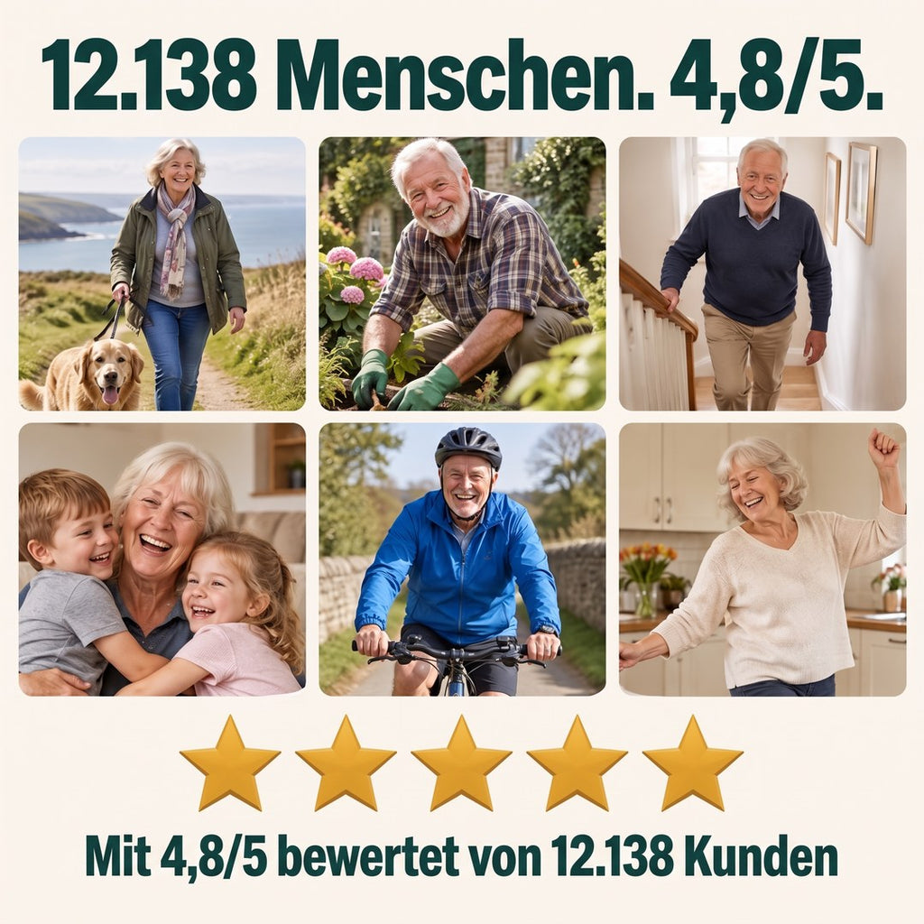 12.138 Menschen, 4,8/5 – zufriedene Kunden beim Spazierengehen, Gärtnern, Treppensteigen, mit den Enkeln